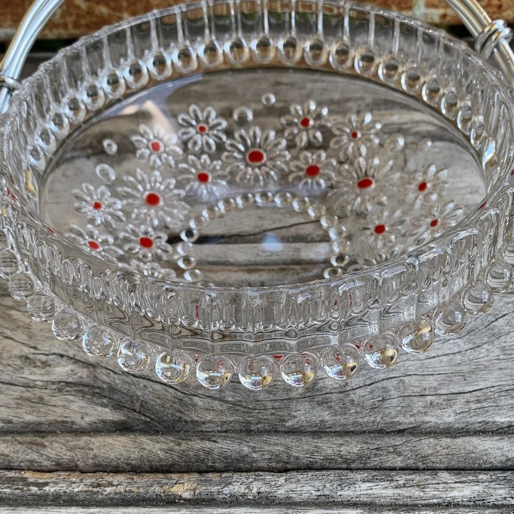 Vintage 70’s Walther Kristallglas Glass Daisy “Fabiola Basket Red Accent Dots - Picture 9 of 16